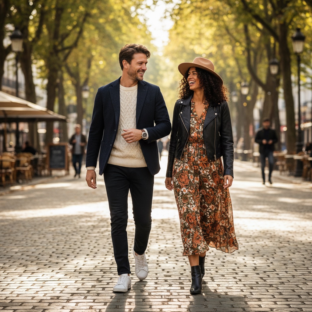 Stylish couple walking on a sunny European boulevard